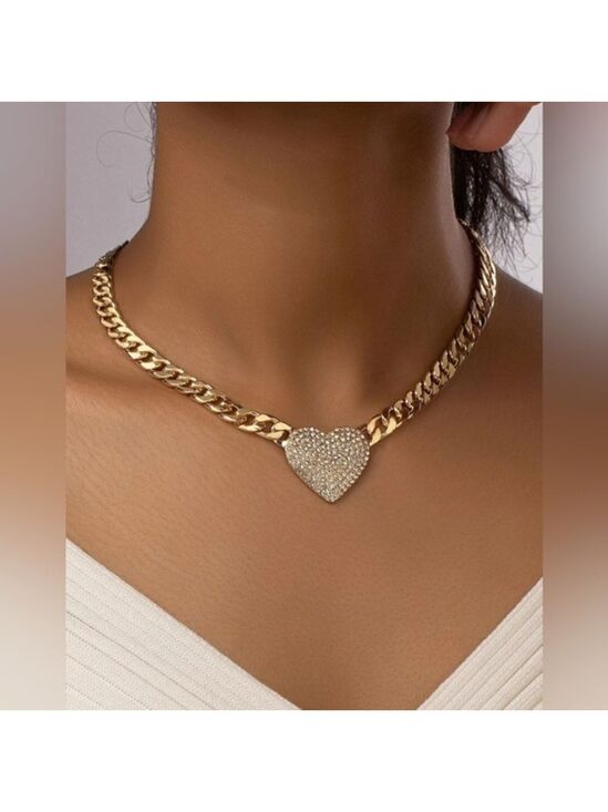 None Jewelry - Gold Rhinestone Heart Pendant Necklace